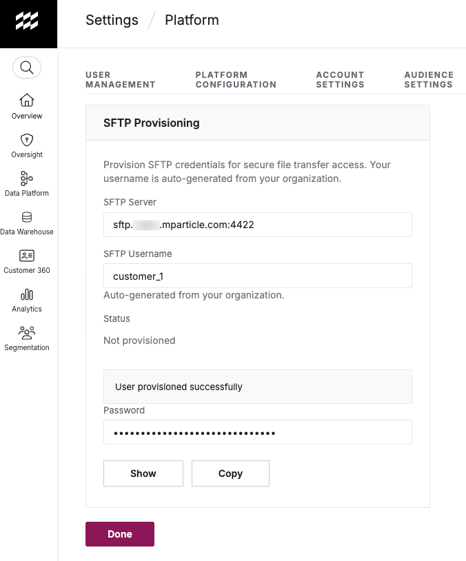 screenshot of the result screen showing the customer_OrgID username and one-time password