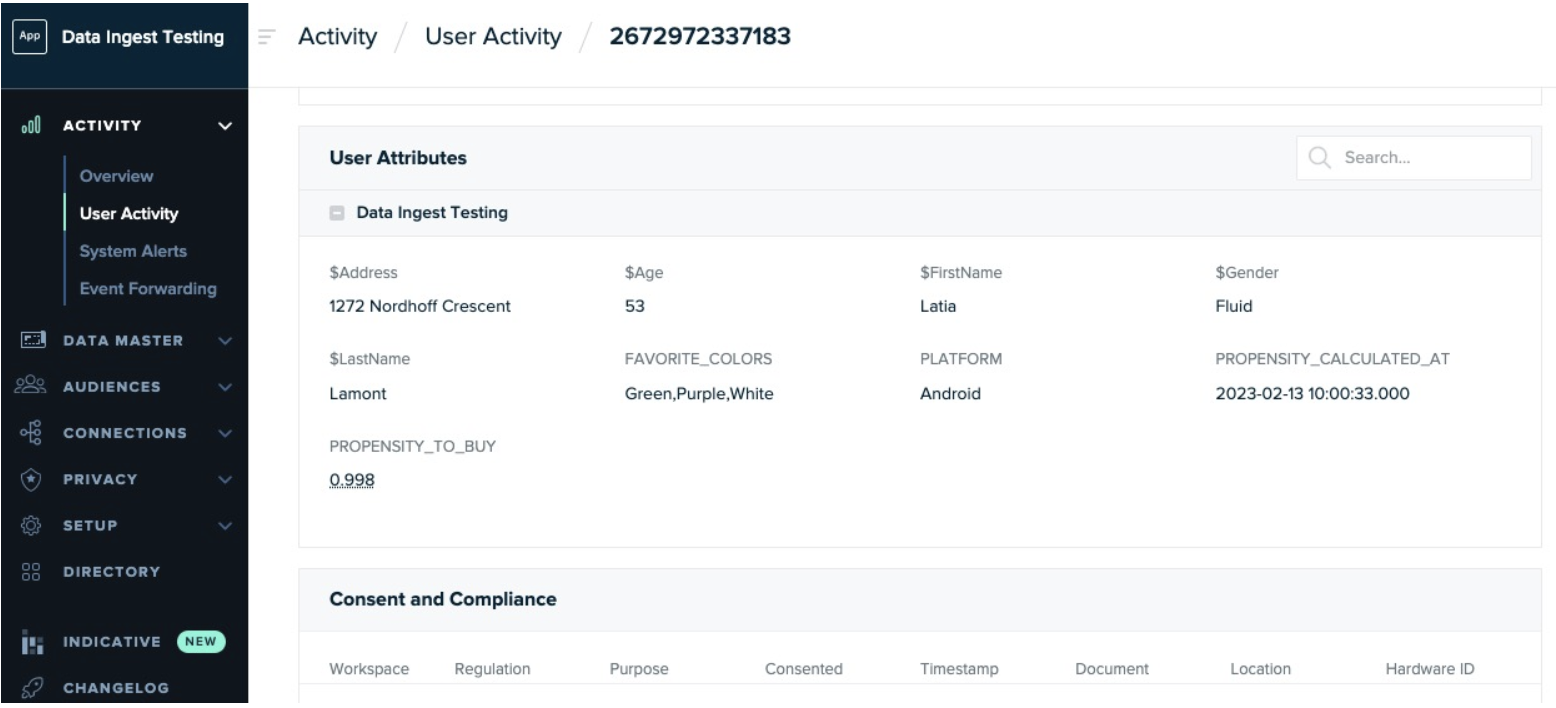 mParticle live stream page with data points