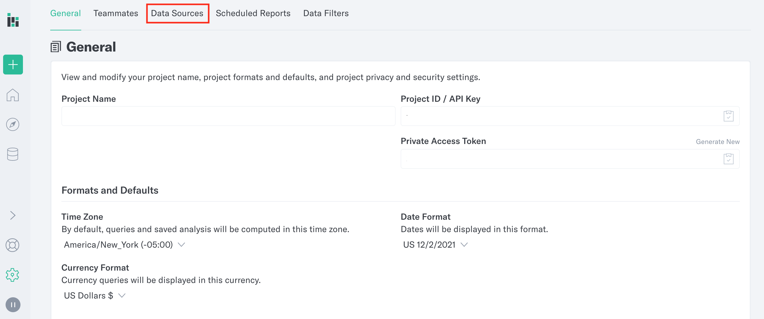 Analytics settings data sources