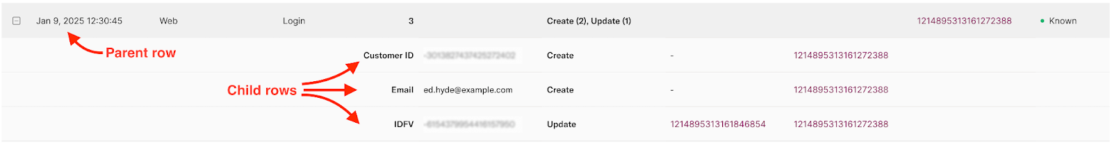 screenshot of parent and child rows for an identity call