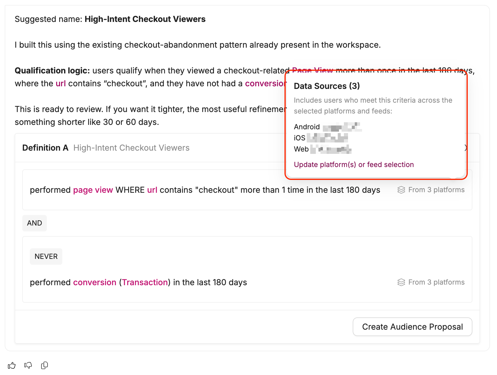 Audience definition card with its data sources popover open