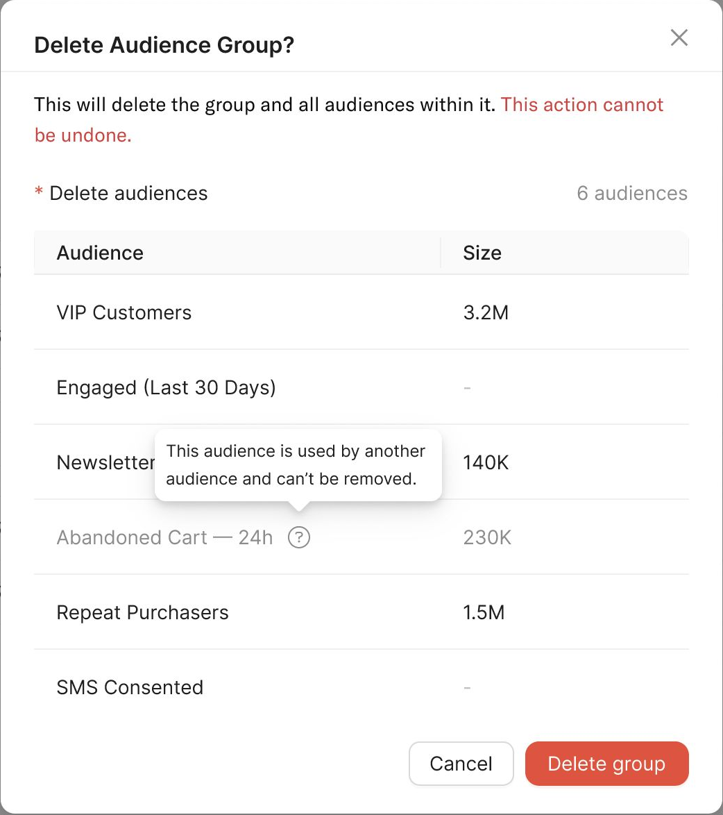 The In use help text explaining that another audience depends on the selected audience