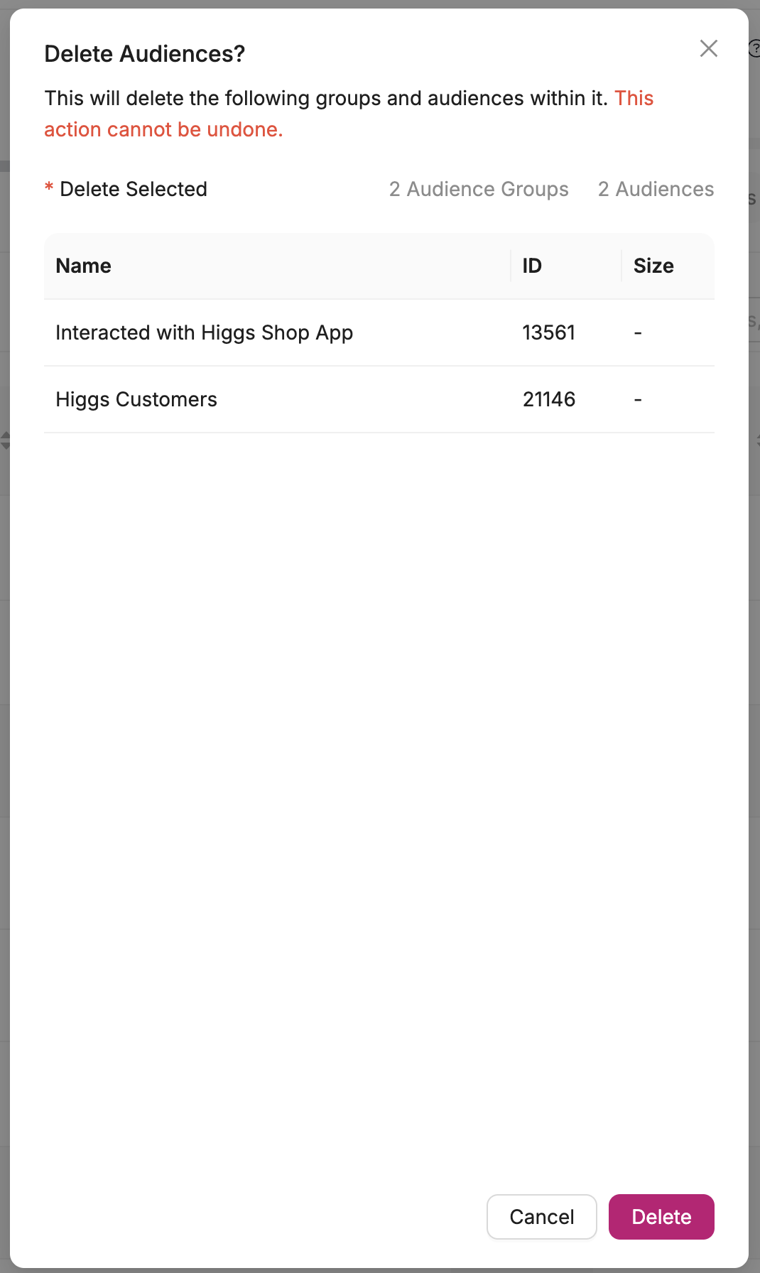 The Delete Audiences confirmation dialog listing two selected audiences