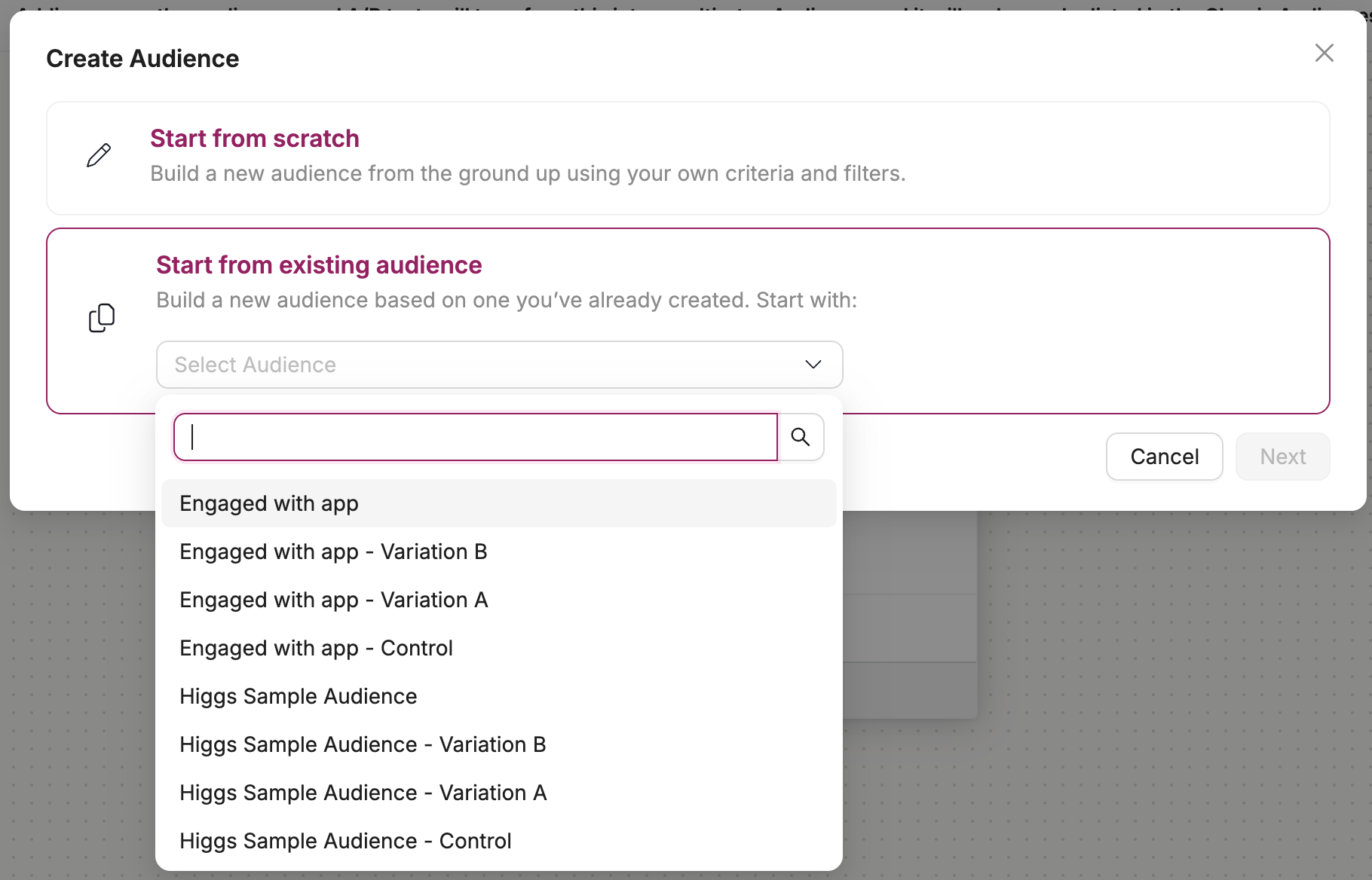 The Create Audience dialog opened from the Audience Group Editor, with the Start from existing audience dropdown expanded