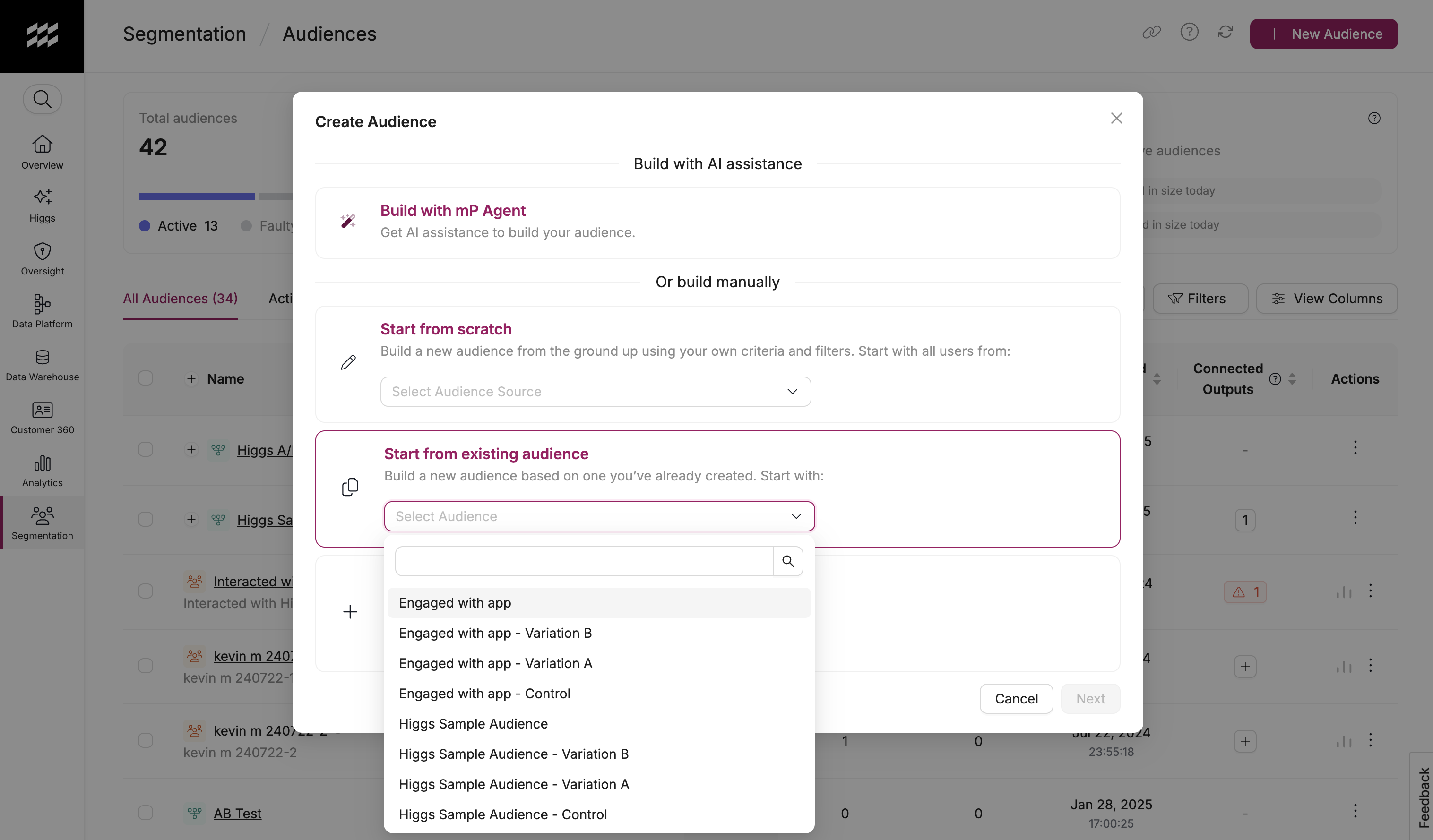 The Create Audience dialog opened from the Audiences landing page, with the Start from existing audience dropdown expanded