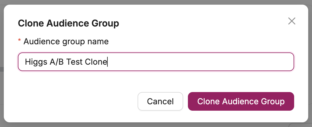 The Clone Audience Group dialog with a name entered for the cloned group
