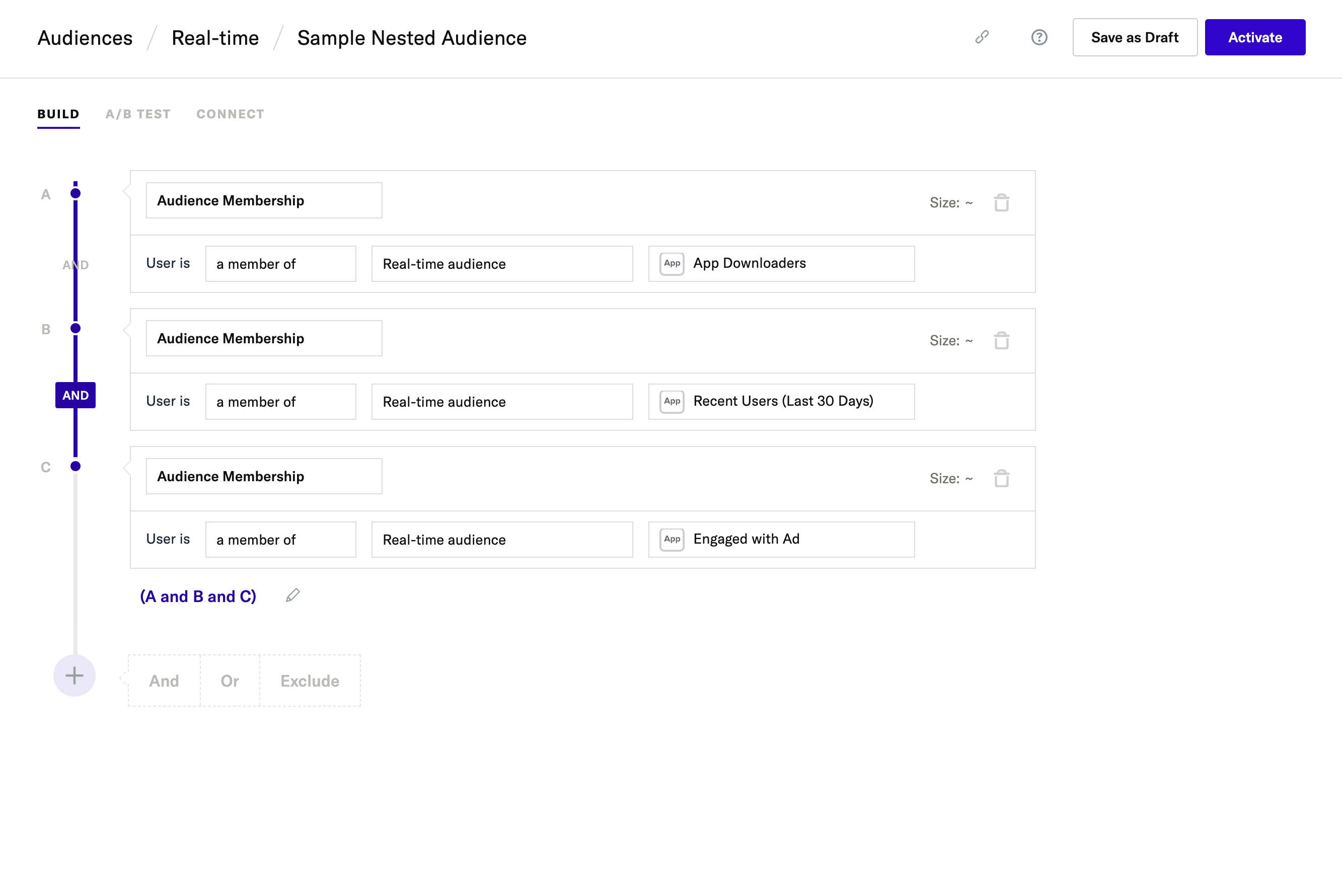 Sample nested audience in Real-time Audience builder