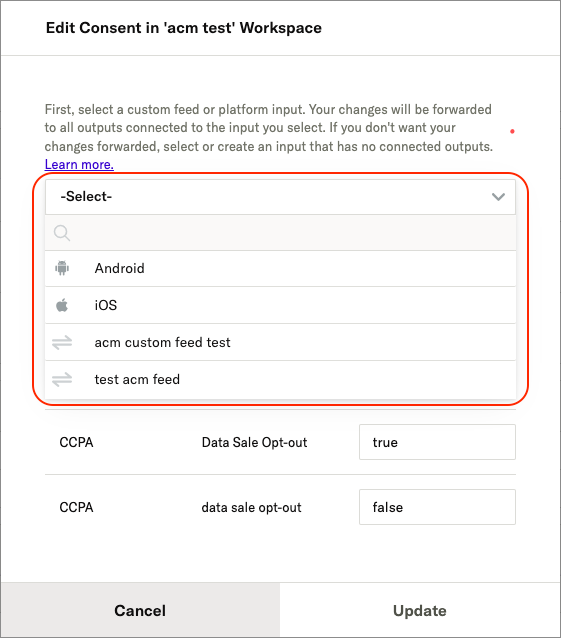 screenshot showing input selection in edit modal