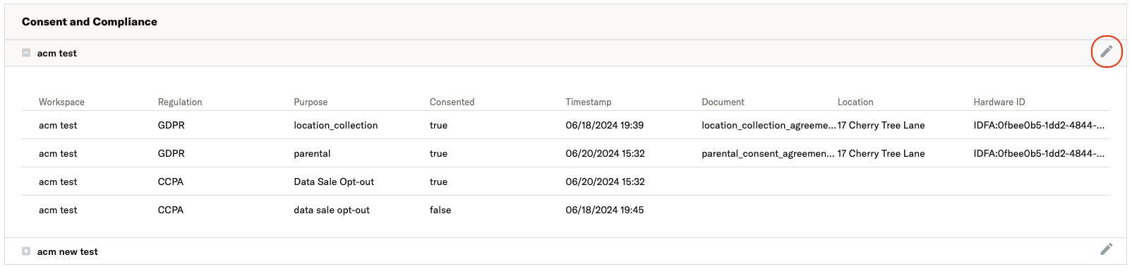 screenshot of consent and compliance value section