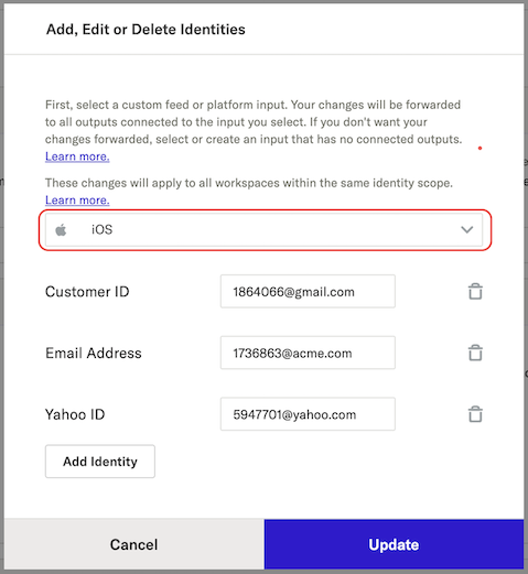 screenshot showing input selection in edit modal