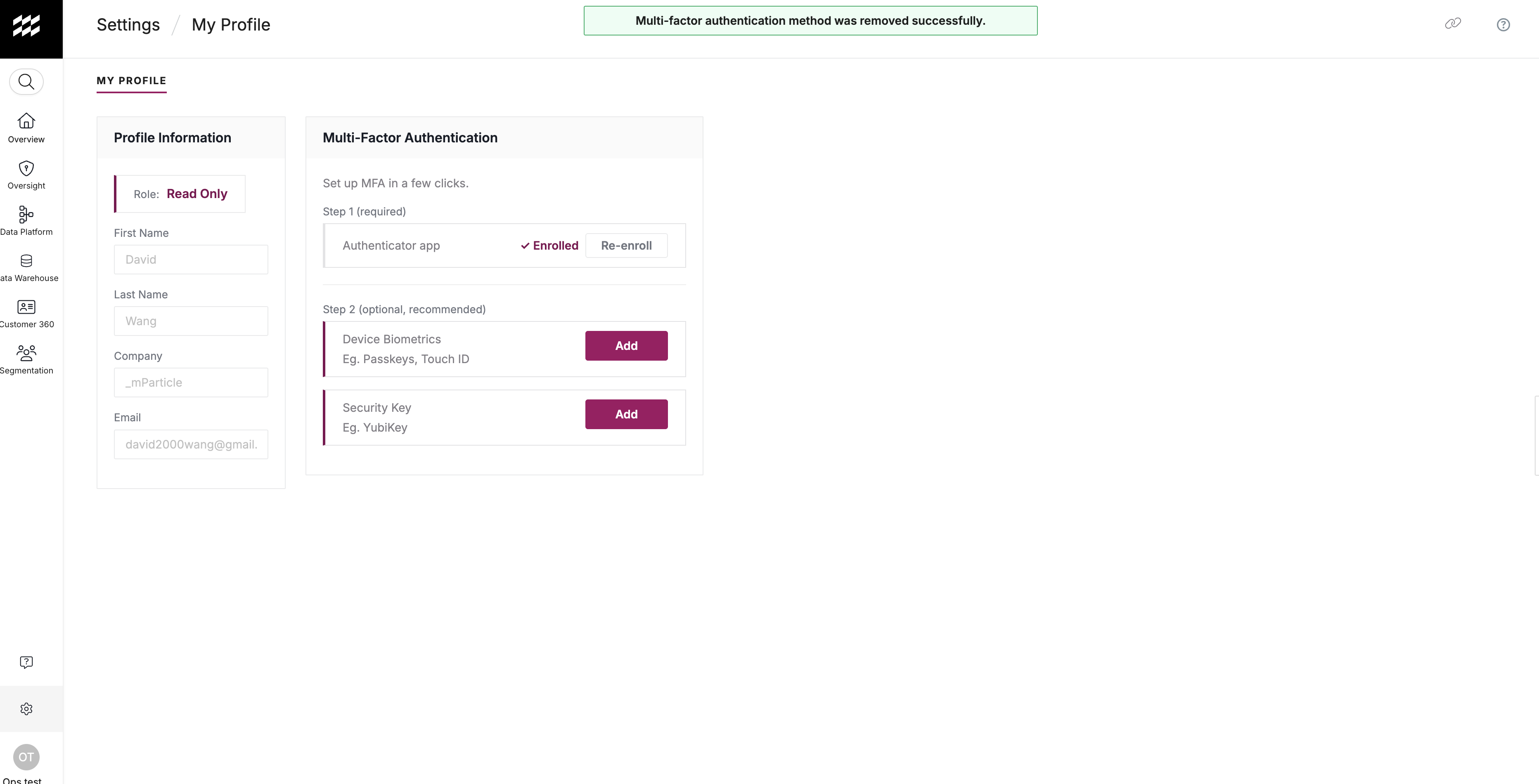 Device Biometrics removed from My Profile