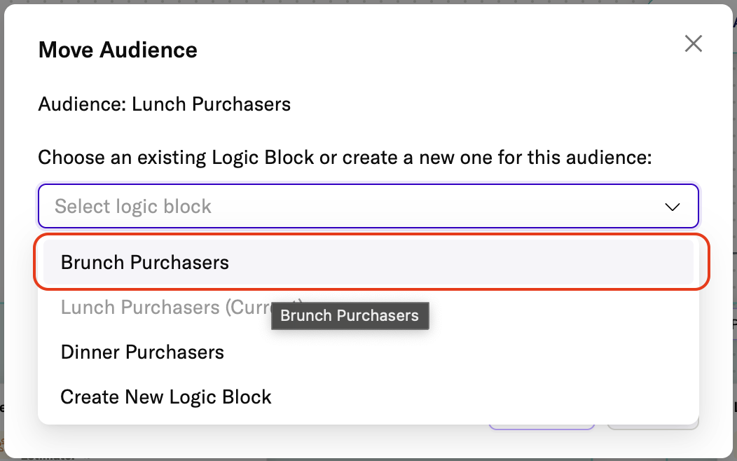 Move Audience dialog with existing logic block options