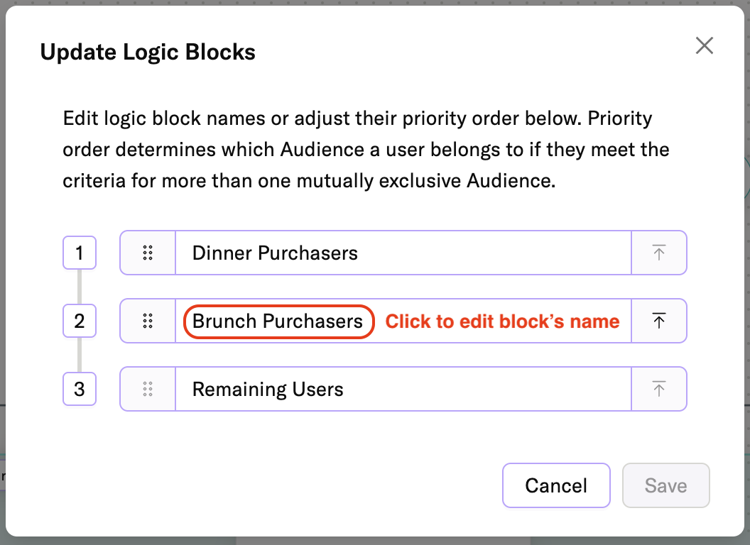 Update Logic Blocks dialog showing priority order