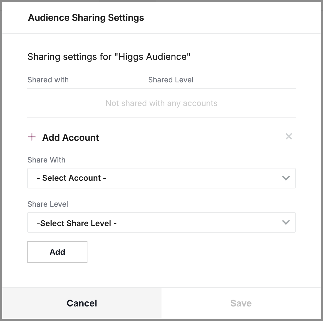 The Add Account controls in Audience Sharing Settings