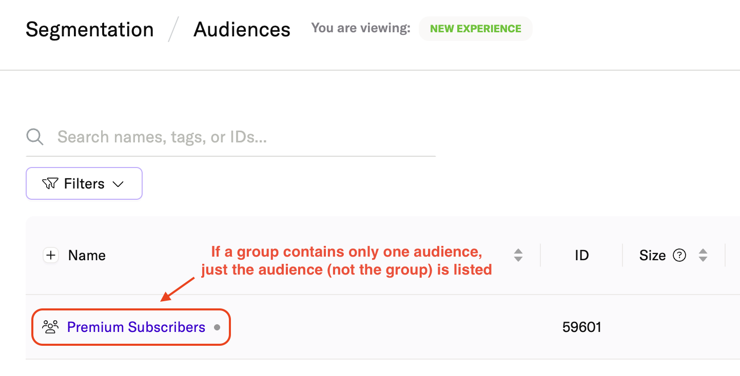 A single audience displayed on the Audiences landing page