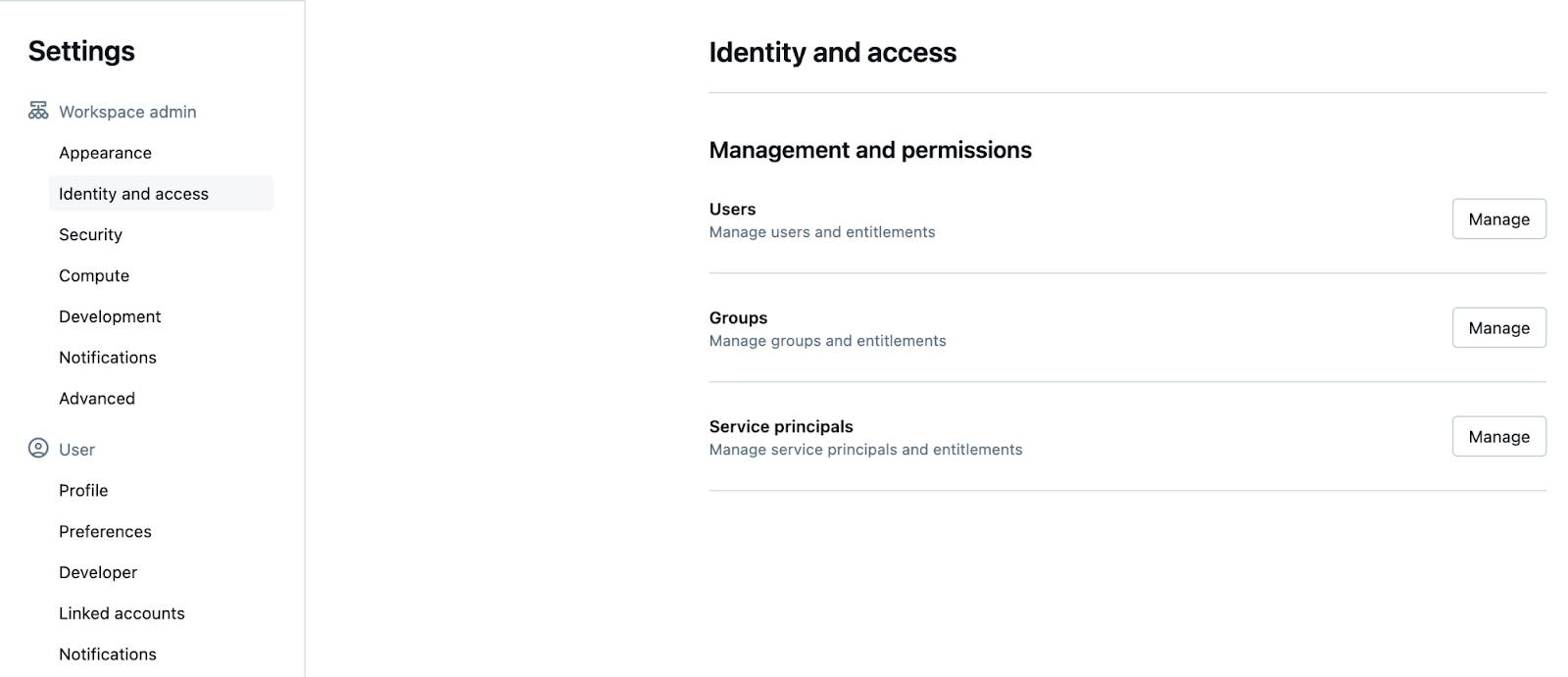 screenshot showing the Identity and Access settings page in the Databricks UI