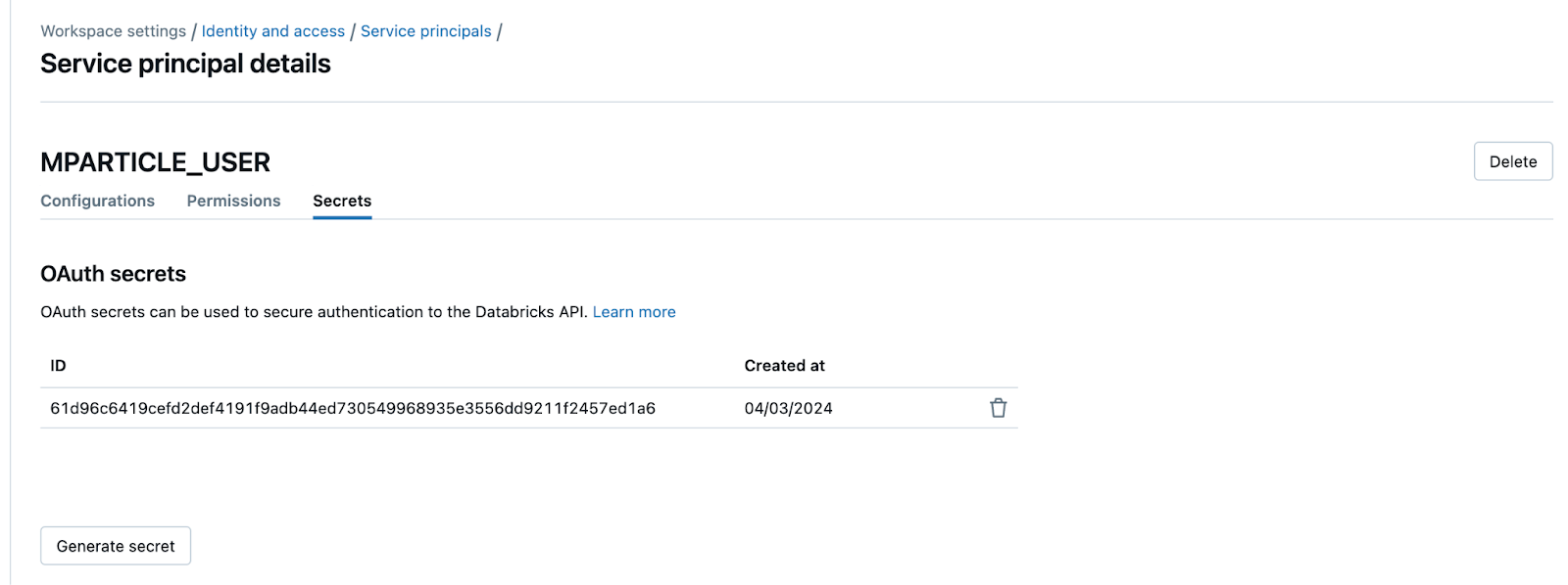 screenshot showing the Secrets tab of the new Service Principal in the Databricks UI