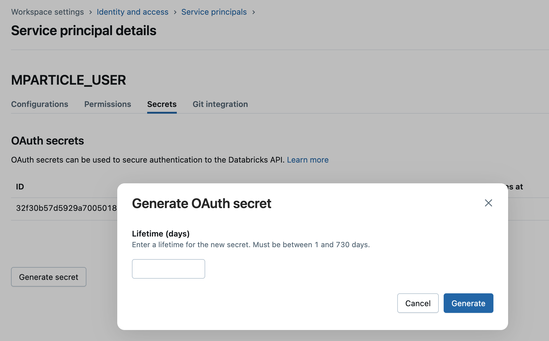 screenshot showing how to generate a new secret for the new Service Principal in the Databricks UI