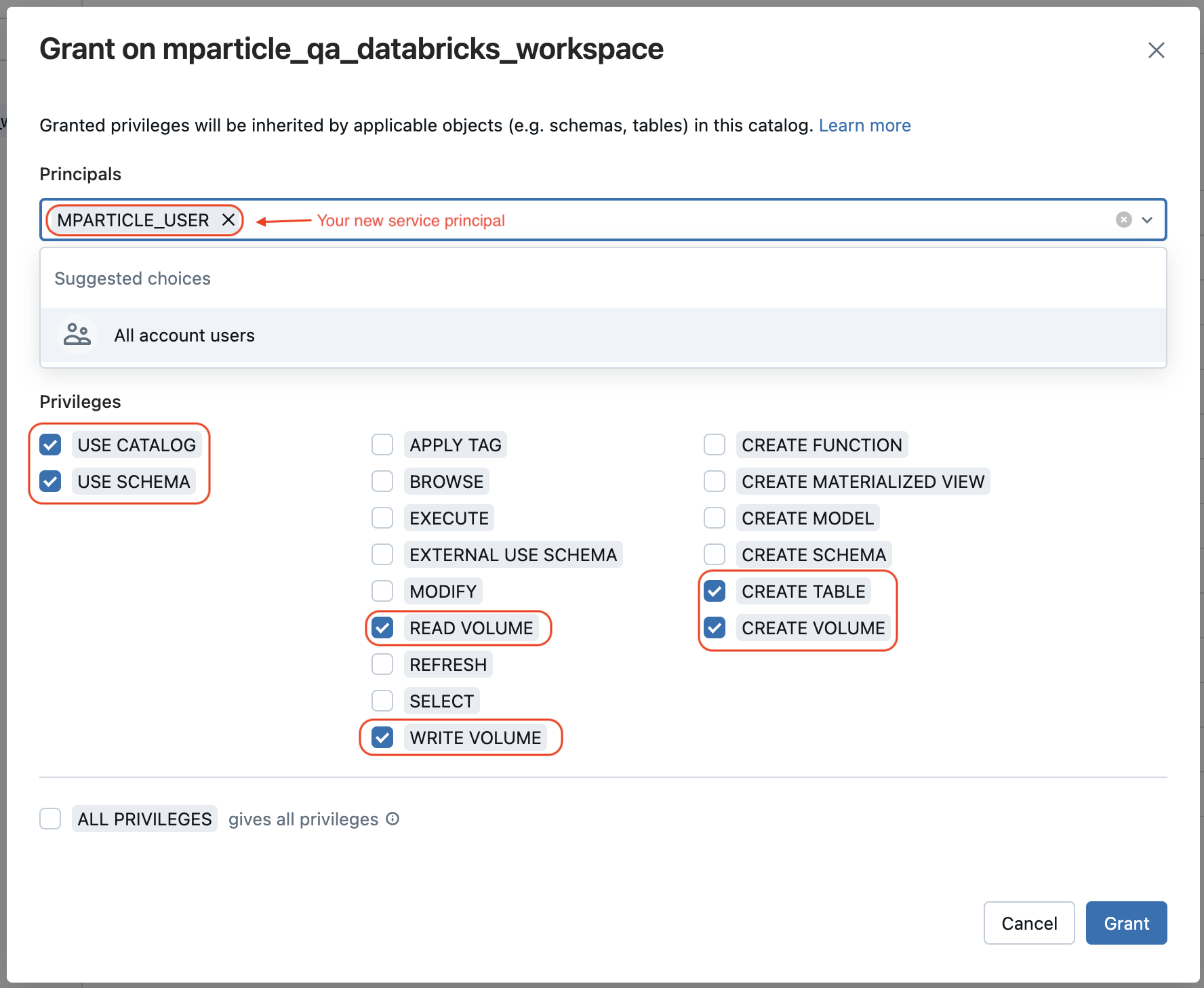 screenshot showing the Permissions tab of the catalog in the Databricks UI