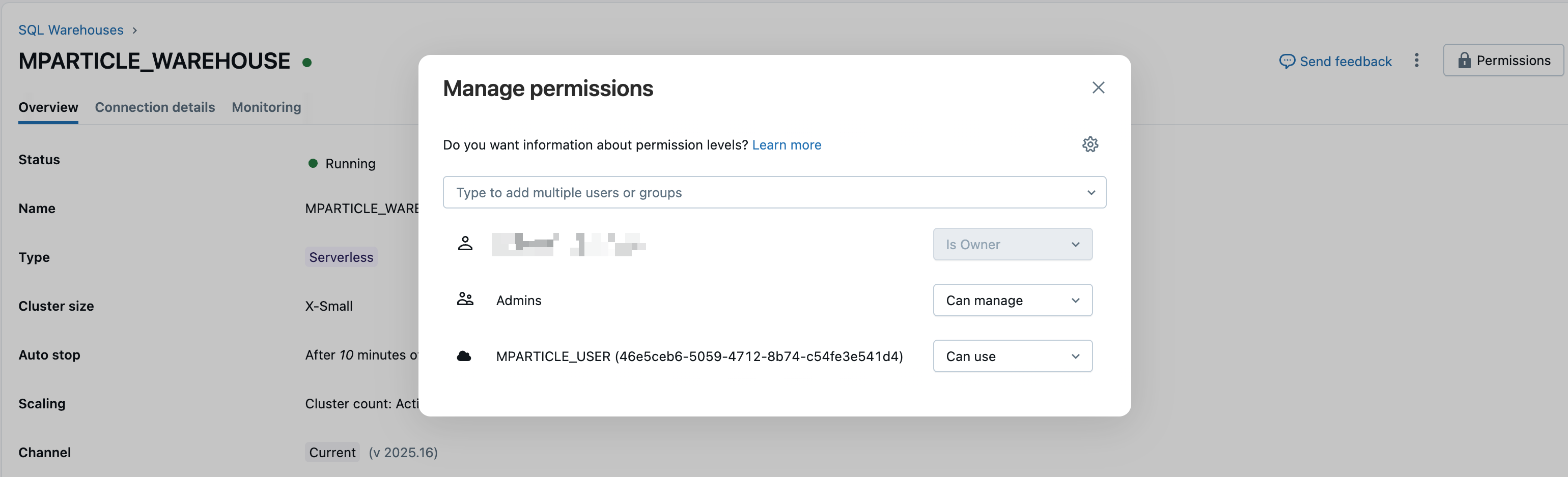 screenshot showing the Databricks UI when updating permissions for a new SQL Warehouse