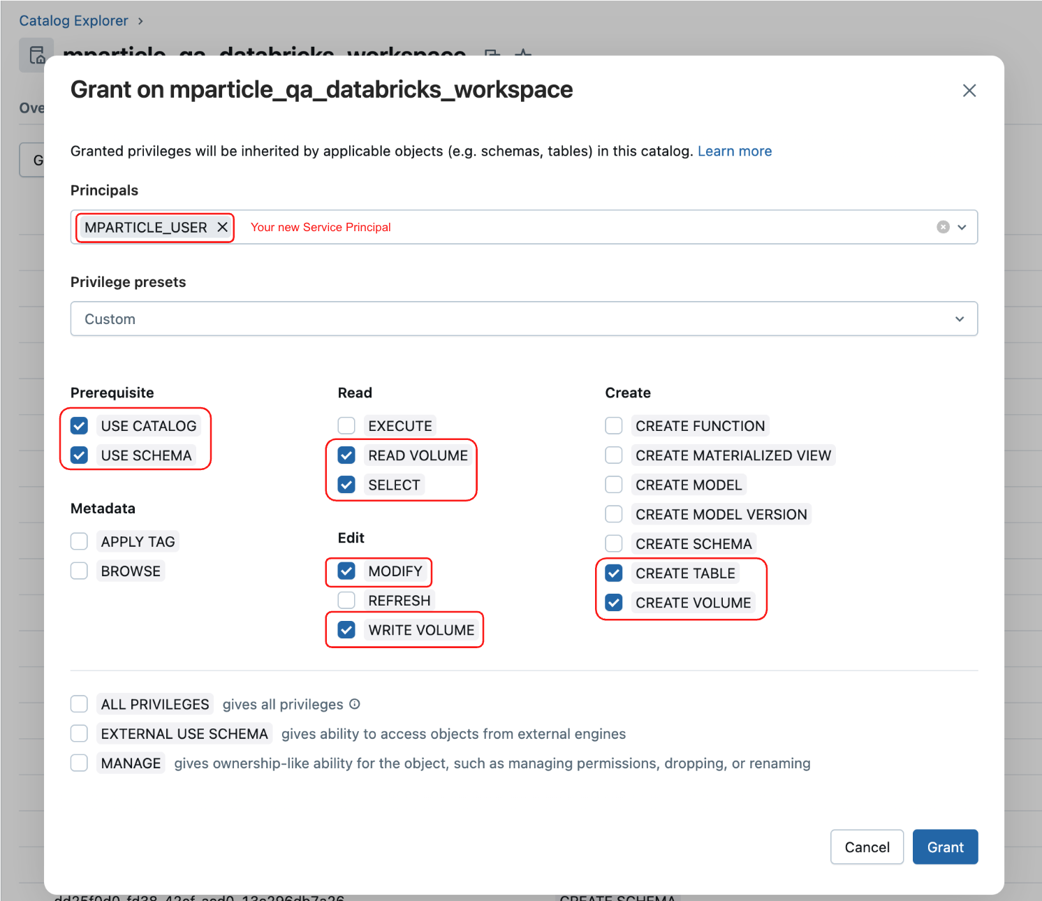 screenshot showing the Permissions tab of the catalog in the Databricks UI