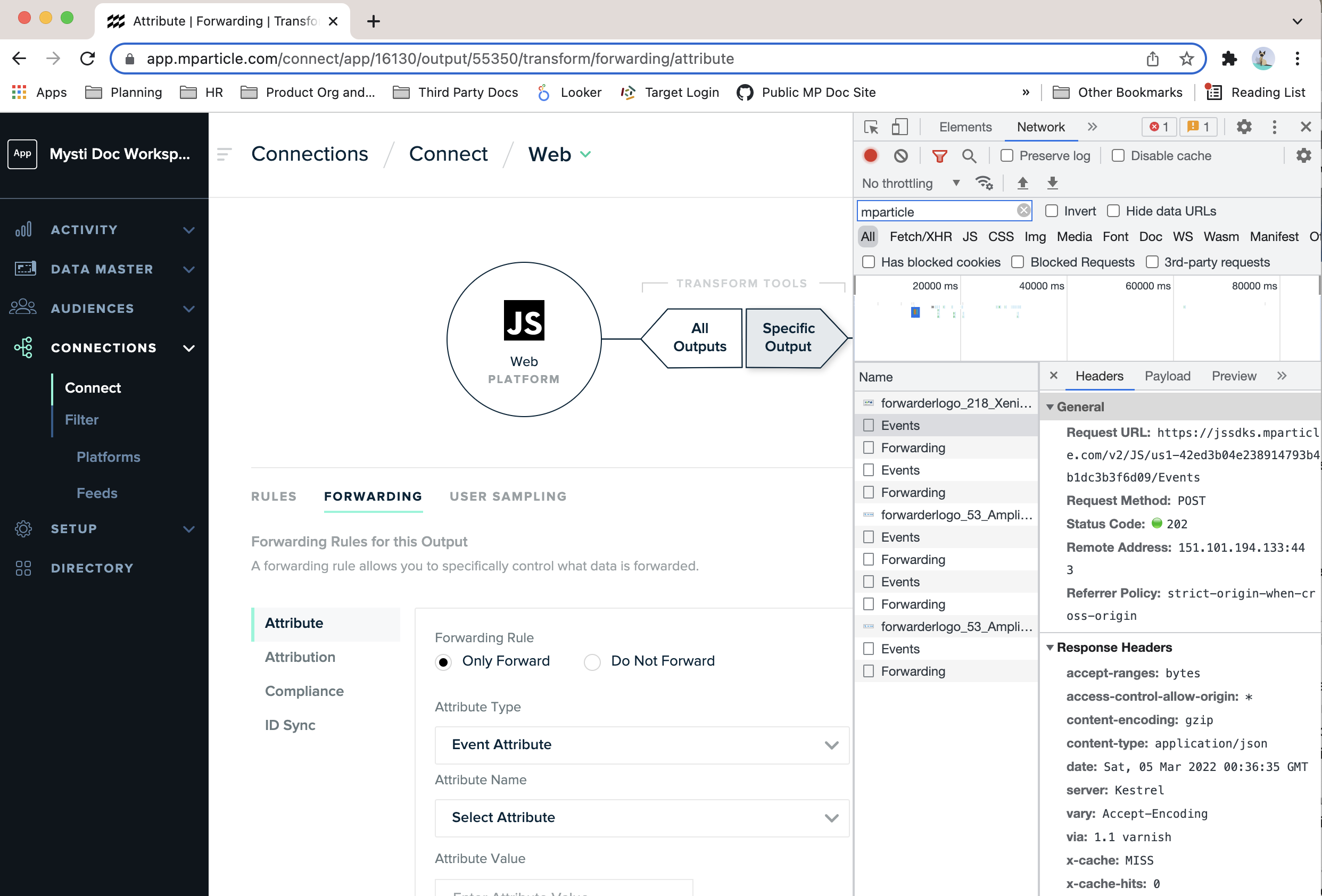 Network tab in a browser with an mParticle app running